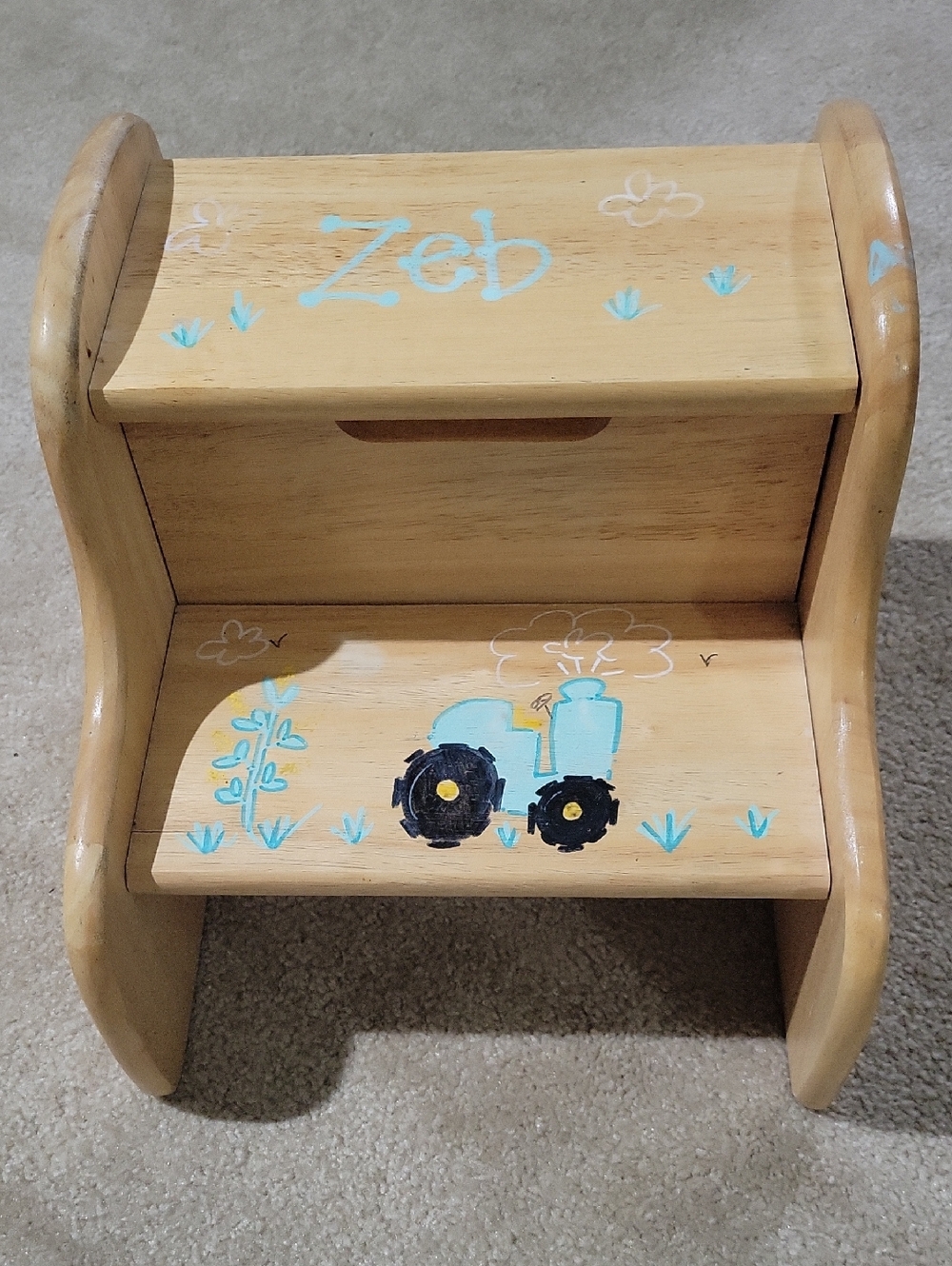 My Bambino Wooden Kids Step Stool with Blue Tractor Design